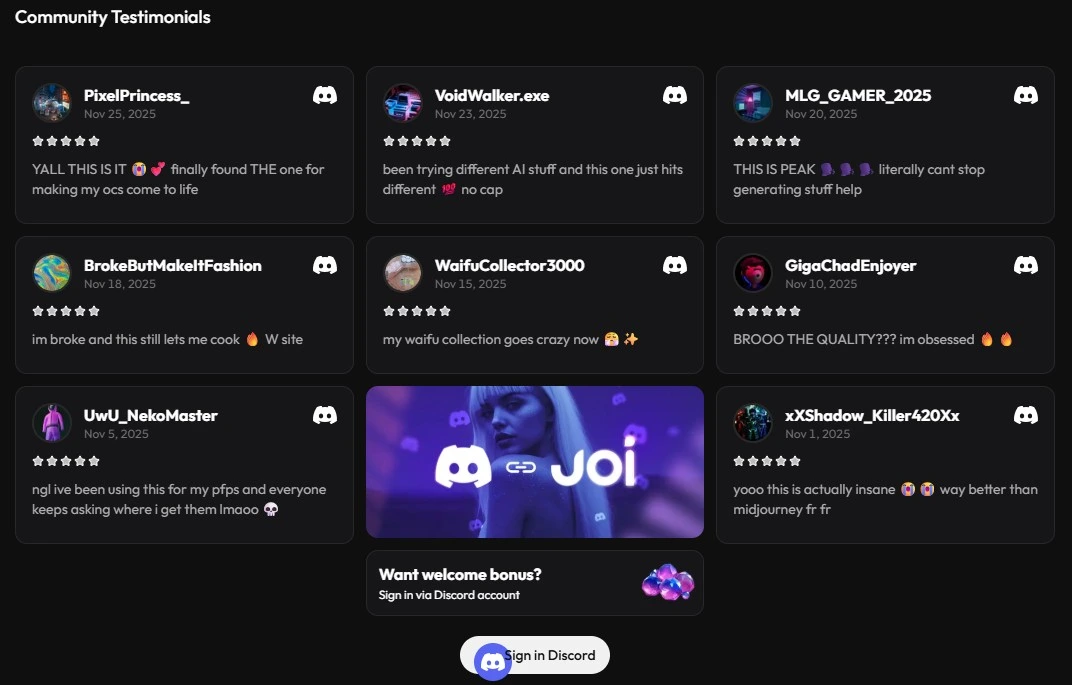 Joi AI community Discord Reddit social hub interface