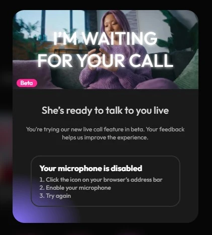 Joi AI call tinder match swipe interface screenshot